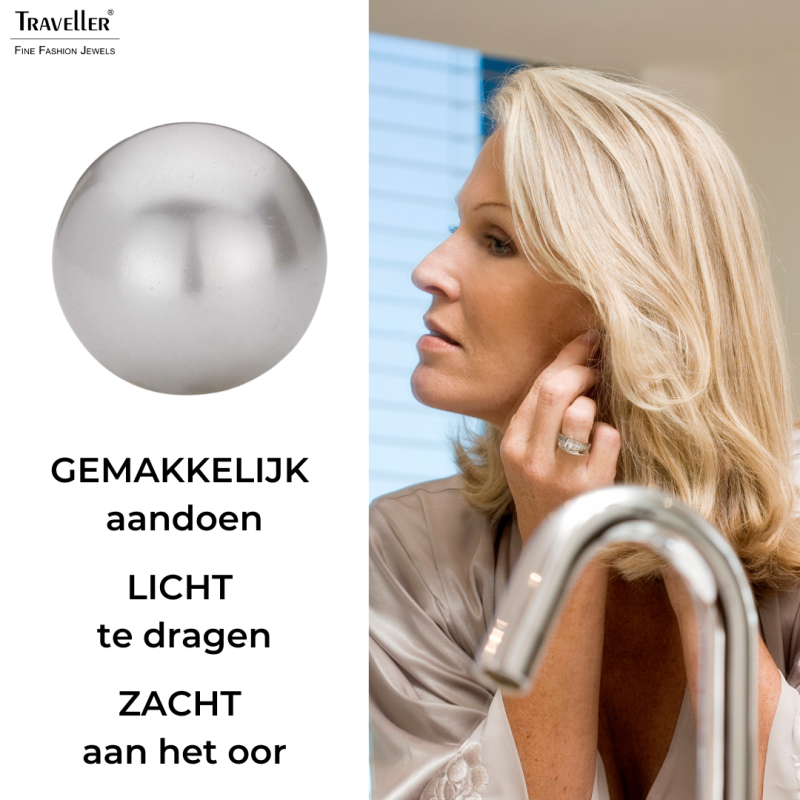 Traveller Clip Oorbellen - Parels - 16 mm - Lichtgrijs - Gerhodineerd - Zilverkleurig - Halve Parel