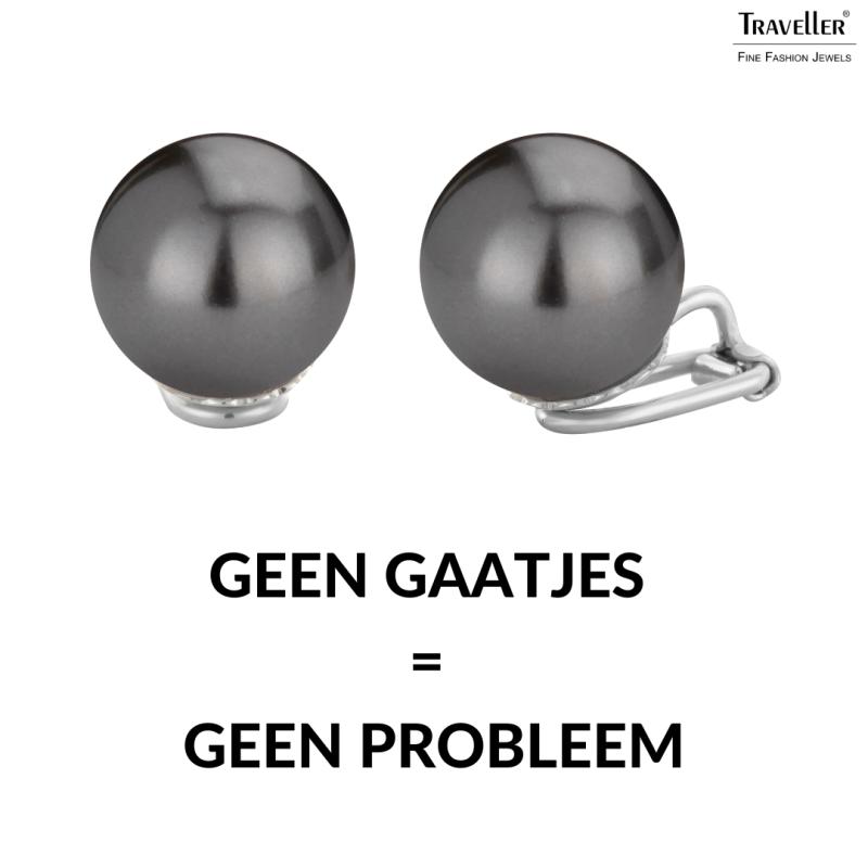 Traveller Clip Oorbellen - Parels - 14 mm - Zwart - Zilverkleurig - Geplatineerd - 718114