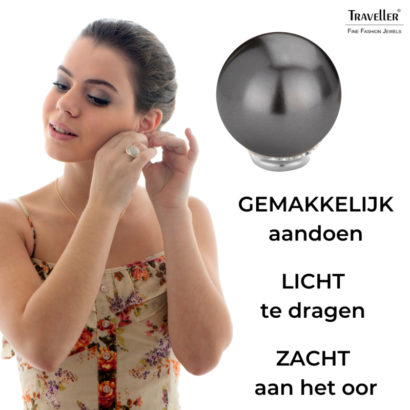Traveller Clip Oorbellen - Parels - 14 mm - Zwart - Zilverkleurig - Geplatineerd