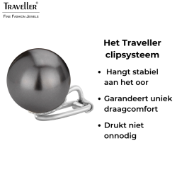 Traveller Clip Oorbellen - Parels - 14 mm - Zwart - Zilverkleurig - Geplatineerd