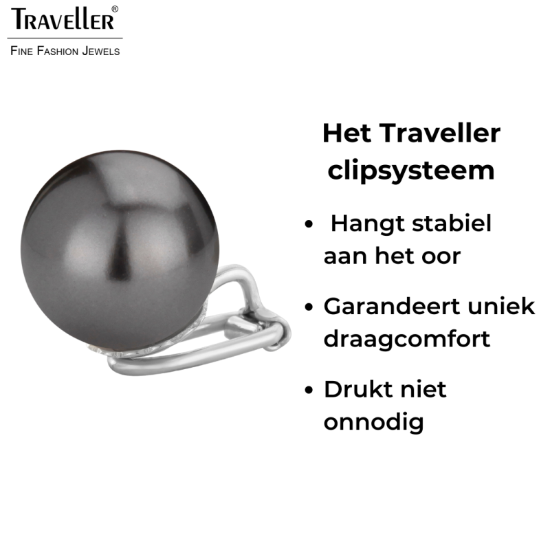 Traveller Clip Oorbellen - Parels - 14 mm - Zwart - Zilverkleurig - Geplatineerd