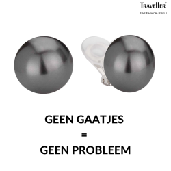 Traveller Clip Oorbellen - Parels - 16 mm - Donker Grijs - Geplatineerd - Zilverkleurig - Halve Parel