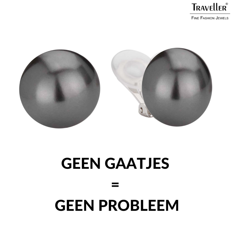 Traveller Clip Oorbellen - Parels - 16 mm - Donker Grijs - Geplatineerd - Zilverkleurig - Halve Parel - 711216