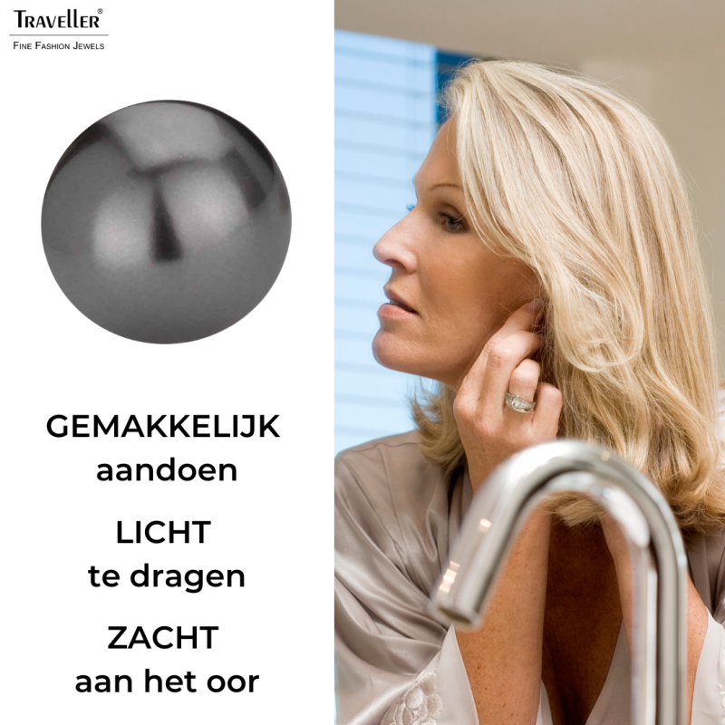 Traveller Clip Oorbellen - Parels - 16 mm - Donker Grijs - Geplatineerd - Zilverkleurig - Halve Parel