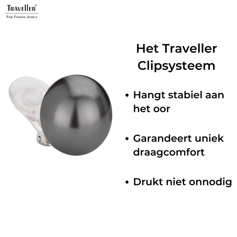 Traveller Oorbellen zonder Gaatjes - Parels - 16 mm - Donker Grijs - Geplatineerd - Zilverkleurig - Halve Parel