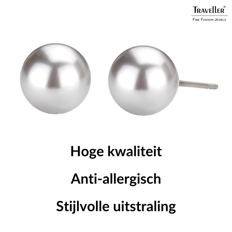 Traveller Oorsteker - Parel - 8 mm - Licht Grijs - Gerhodineerd - Zilverkleurig