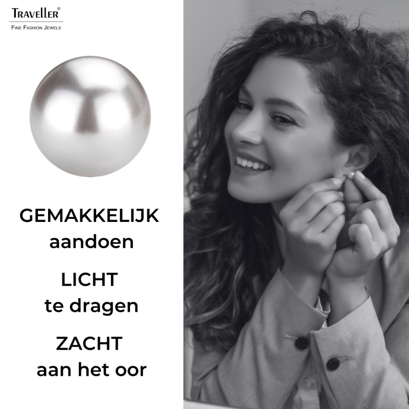 Traveller Oorsteker - Parel - 8 mm - Licht Grijs - Gerhodineerd - Zilverkleurig