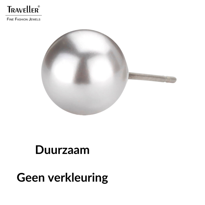 Traveller Oorsteker - Parel - 8 mm - Licht Grijs - Gerhodineerd - Zilverkleurig