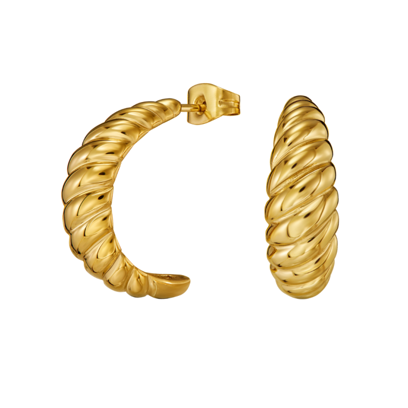 Traveller Earrings - Hoop Earrings - Gold Plated - 2/3 Hoop - Ribbed - Stainless Steel - 21 x 7 mm - 181279