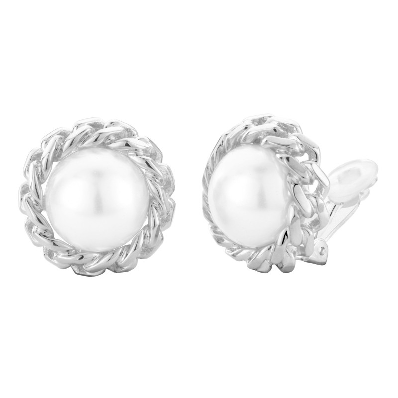 Traveller Clip Oorbellen - Zilverkleurig - Parels - 16mm - Wit - Geplatineerd - 25x25 mm - 113446