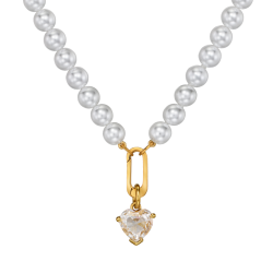 Traveller Pearl Necklace with Pendant - Pearls - 8 mm - White - Crystal - 12 mm - Heart - 45 cm - 22ct Gold Plated