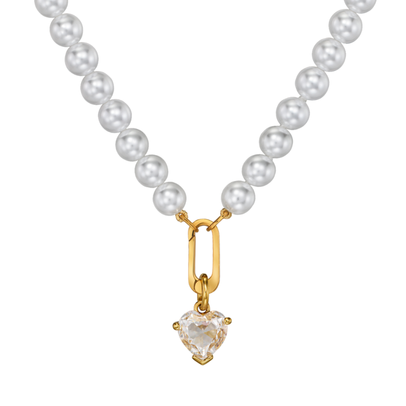 Traveller Perl-Collier mit Anhänger - Perlen - 8 mm - Weiss - Kristall - 12 mm - Herz - 45 cm - 22ct Vergoldet - 114312  