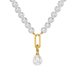 Traveller Pearl Necklace with Pendant - Pearls - 8 mm - White - Pearl - 12x14 mm - Oval - 45 cm - 22ct Gold Plated - 114316 