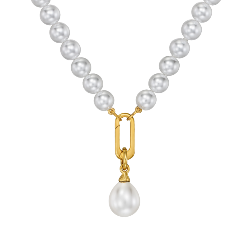 Traveller Perlenkette mit Anhänger - Perlen - 8 mm - Weiß - Perle - 12x14 mm - Oval - 45 cm - 22ct Vergoldet - 114316 