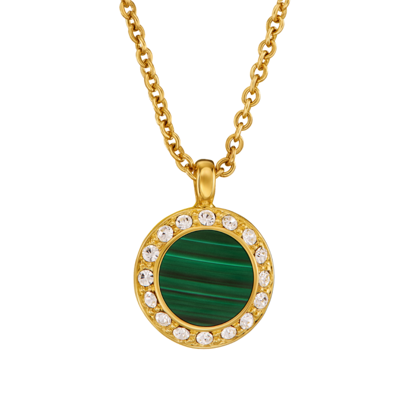 Traveller Kette mit Anhänger - 22kt Vergoldet - Echter Malachit - Grün - Kristalle - Ø 11mm - 40 + 4 + 4 cm - 112504 