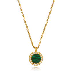 Traveller Dames Ketting met Hanger - 22kt Verguld - Echt Malachiet - Groen - Kristal - Ø 11mm - 40 + 4 + 4 cm