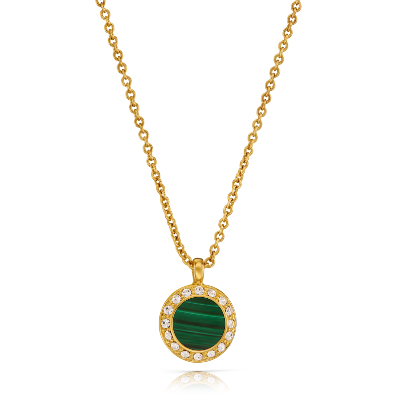 Traveller Dames Ketting met Hanger - 22kt Verguld - Echt Malachiet - Groen - Kristal - Ø 11mm - 40 + 4 + 4 cm