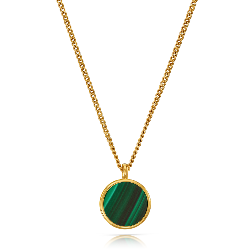 Traveller Necklace with Pendant - 22ct Gold Plated - Real Malachite - Green - Ø 11mm - 40 + 4 + 4 cm