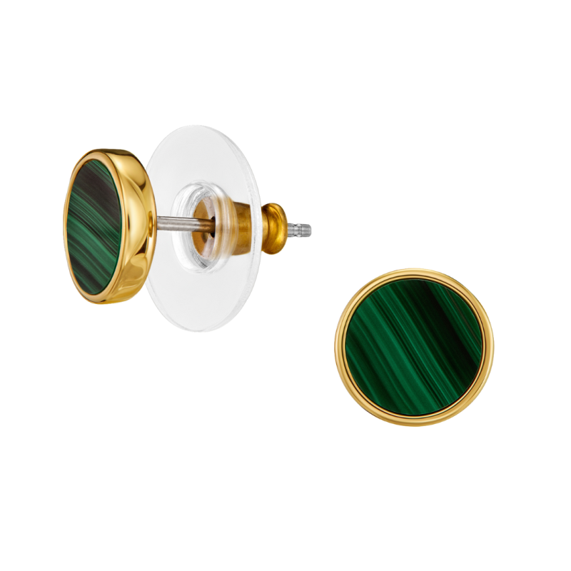 Traveller Earrings - 22ct Gold Plated - Real Malachite - Green - Ø 9 mm - Unique - 112506
