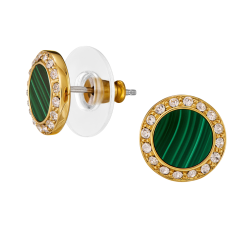 Traveller Earrings - 22ct Gold Plated - Real Malachite - Green - Crystals - Ø 9 mm - Unique