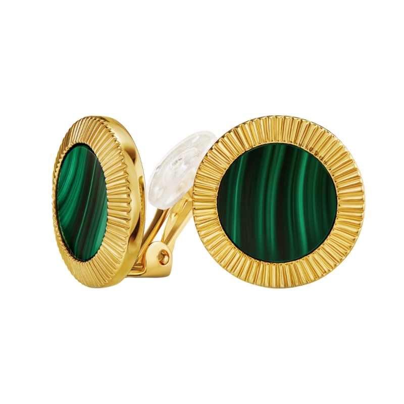 Traveller Clip-on Earrings - 22ct Gold Plated - Real Malachite - Green - Ø 15 mm - Unique - 112508
