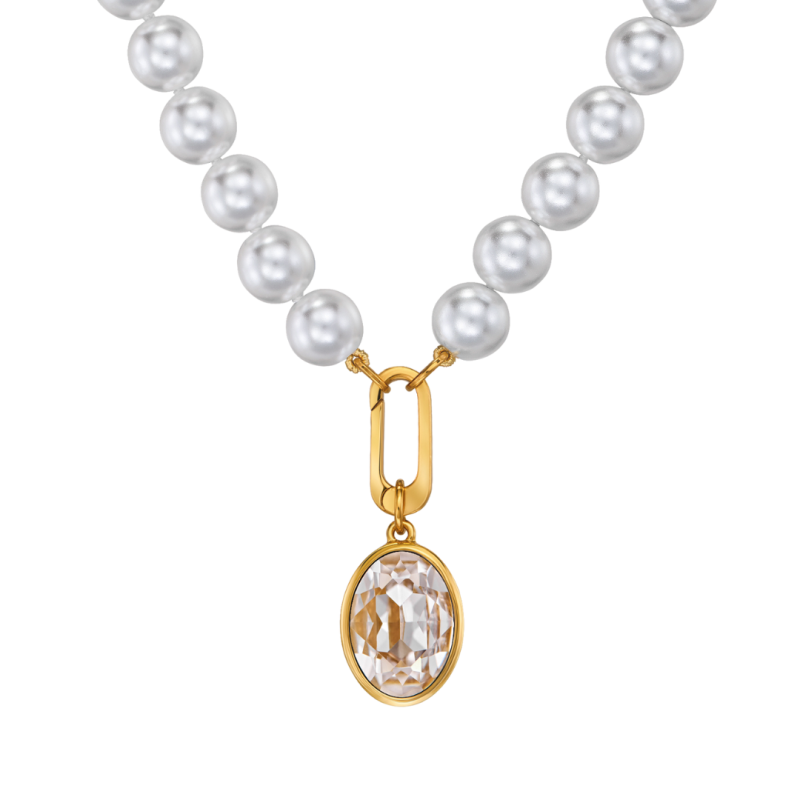 Traveller Parelcollier met Hanger - Parels - 10mm - Wit - Kristal - Ovaal - 45 cm - 22ct Verguld - 114320 