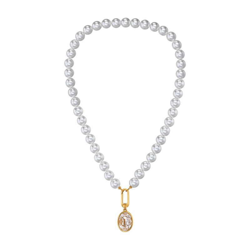 Traveller Parelketting met Hanger - Parels - 10mm - Wit - Kristal - Ovaal - 45 cm - Verguld - 114320