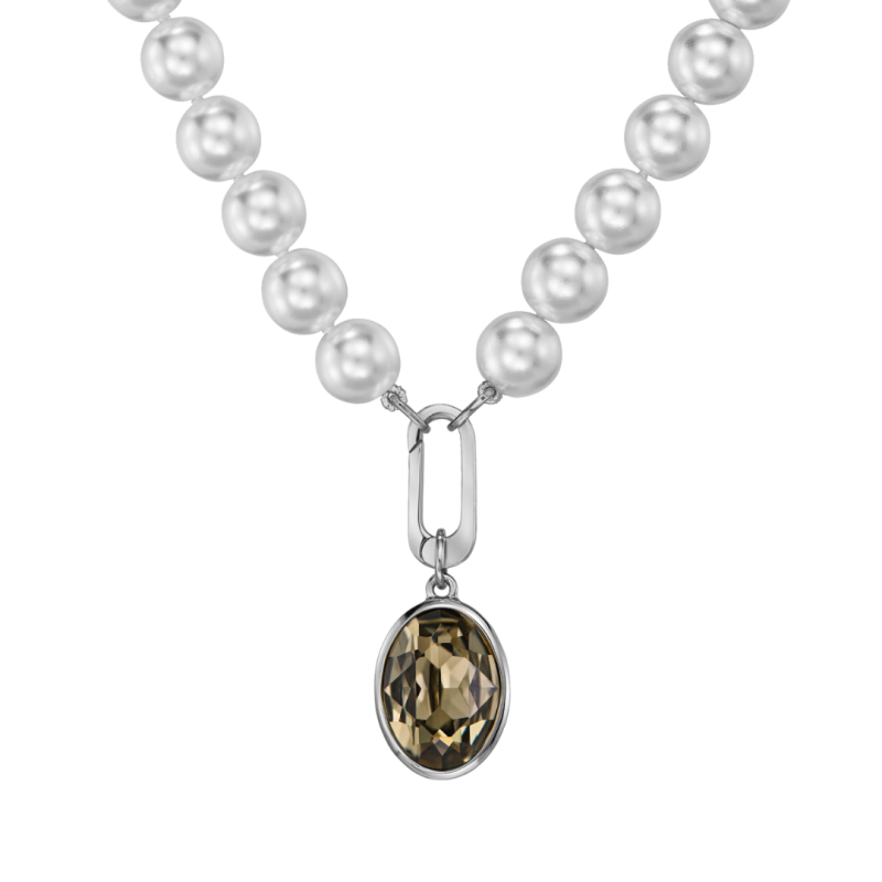 Traveller Parelcollier met Hanger - Parels - 10mm - Wit - Kristal - Grijs / Zwart - Ovaal - 45cm - Geplatineerd - 114324
