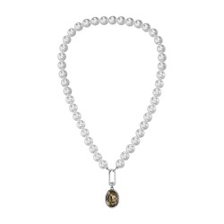 Traveller Pearl Necklace with Pendant - Pearls - 10mm - White - Crystal - Grey/Black - Oval - 45cm - Plated