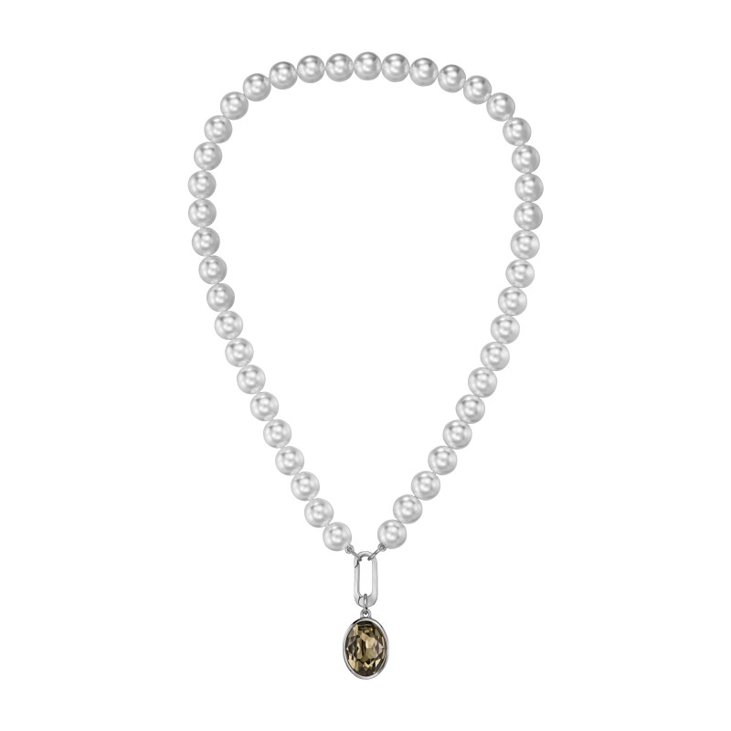 Traveller Parelketting met Hanger - Dames - Parels - 10mm - Wit - Kristal - Grijs / Zwart - Ovaal - 45cm - Geplatineerd - 114324