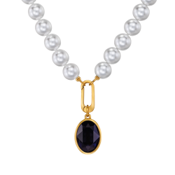 Traveller Pearl Necklace with Pendant - Pearls - 10mm - White - Crystal - Dark Blue - Oval - 45cm - Gold Plated - 114326