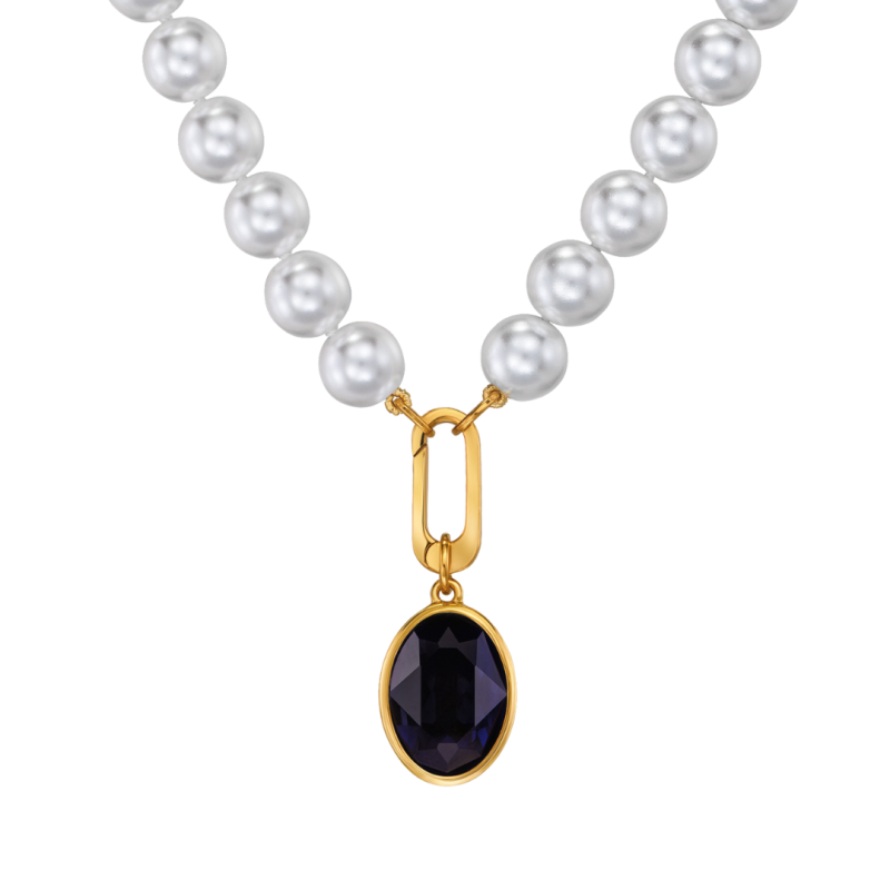 Traveller Parelcollier met Hanger - Parels - 10mm - Wit - Kristal - Donker Blauw - Ovaal - 45cm - Verguld - 114326
