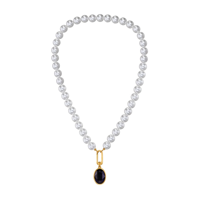 Traveller Parelketting met Hanger - Parels - 10mm - Wit - Kristal - Donker Blauw - Ovaal - 45cm - Verguld - 114326