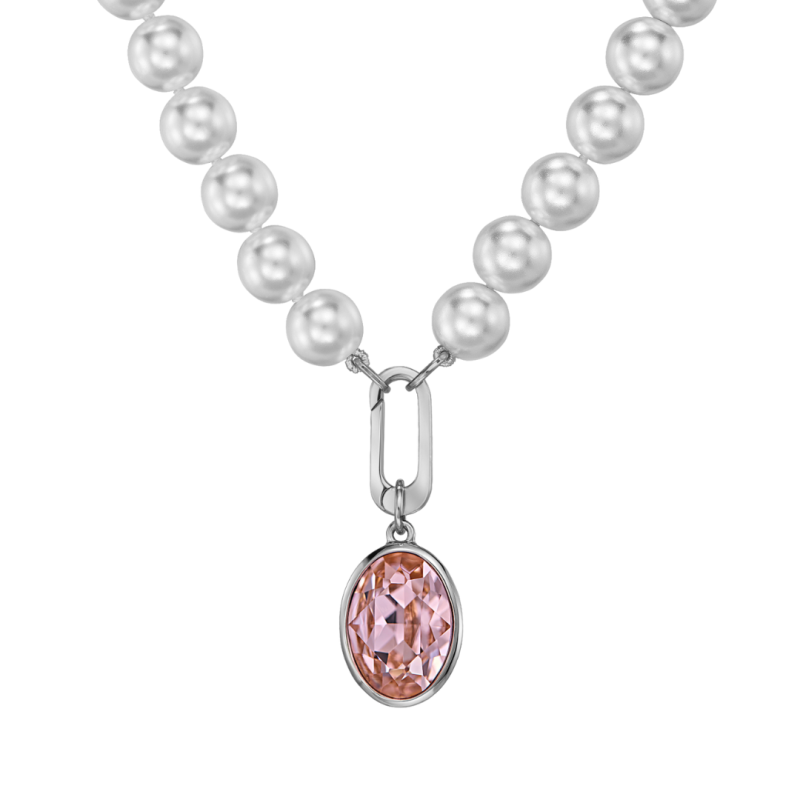 Traveller Perlenkette mit Anhänger - Perlen - 10mm - Weiß - Kristall - Rosa - Oval - 45cm - Platiniert - 114328