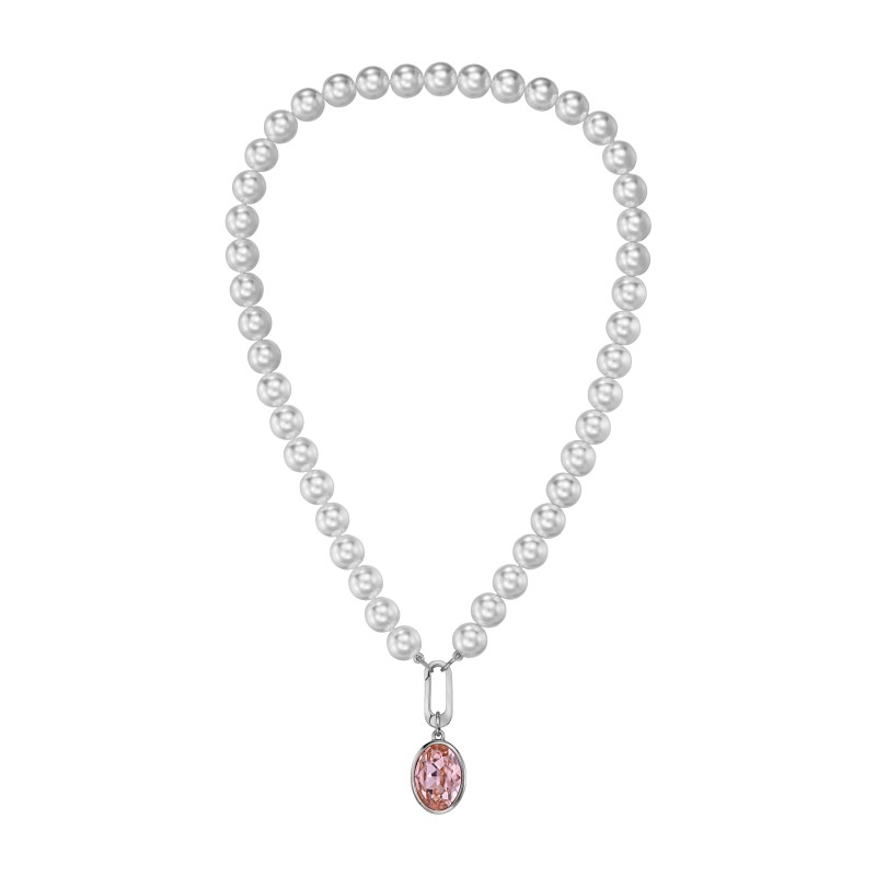 Traveller Pearl Necklace with Pendant - Pearls - 10mm - White - Crystal - Pink - Oval - 45cm - Plated - 114328