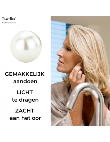 Traveller Clip Oorbellen - Parels - 20 mm - Wit - Geplatineerd - Zilverkleurig