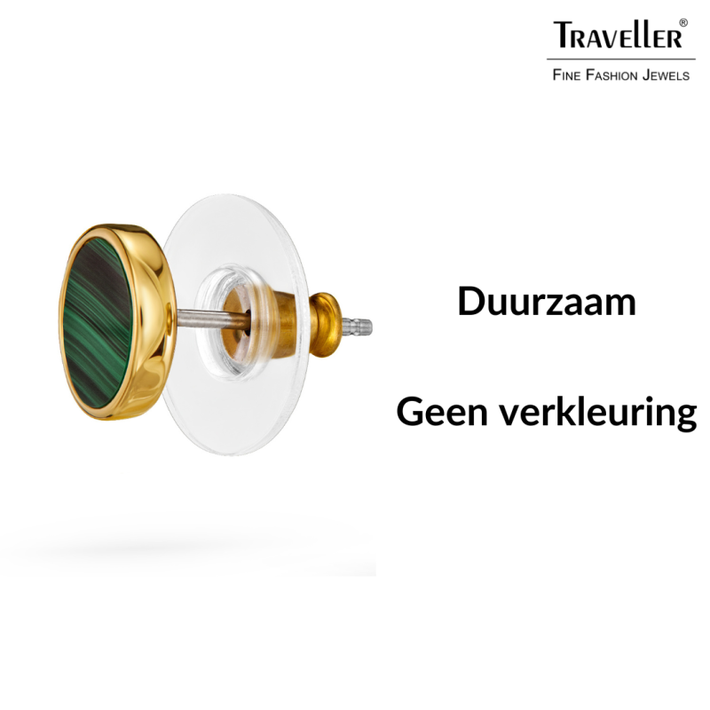 Traveller Oorstekers - 22ct Verguld - Echt Malachiet - Groen - Ø 9 mm - Uniek - 112506