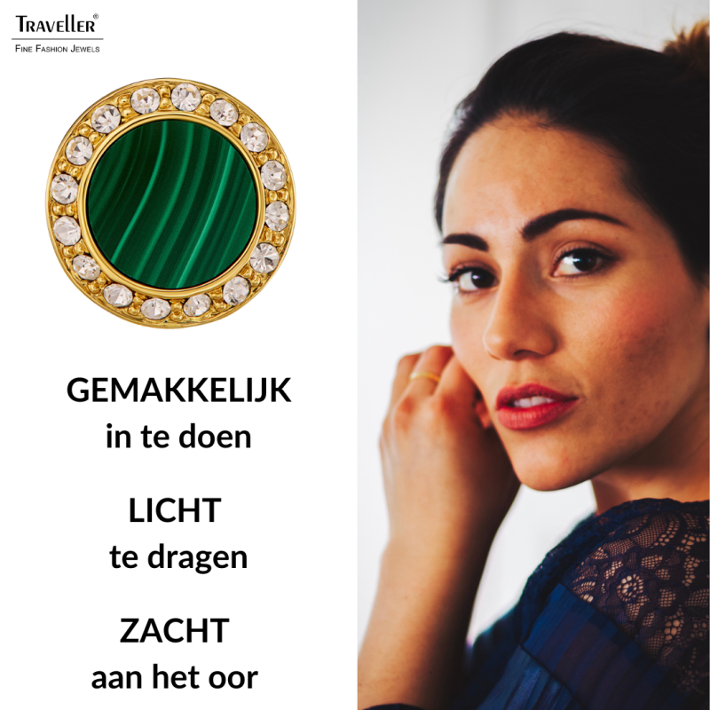 Traveller Oorstekers - 22ct Verguld - Echt Malachiet - Groen - Kristal - Ø 9 mm - Uniek
