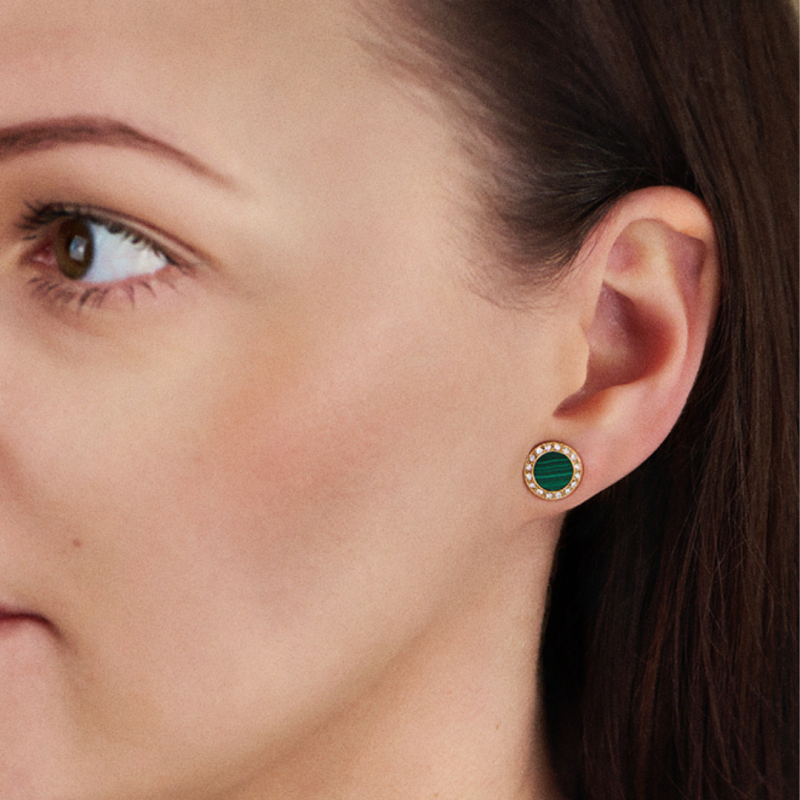 Traveller Earrings - 22ct Gold Plated - Real Malachite - Green - Crystals - Ø 9 mm - Unique - 112507
