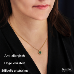 Traveller Dames Ketting met Hanger - 22kt Verguld - Echt Malachiet - Groen - Kristal - Ø 11mm - 40 + 4 + 4 cm