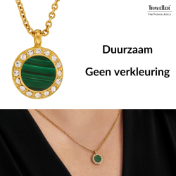 Traveller Dames Ketting met Hanger - 22kt Verguld - Echt Malachiet - Groen - Kristal - Ø 11mm - 40 + 4 + 4 cm