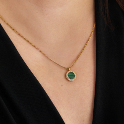 Traveller Kette mit Anhänger - 22kt Vergoldet - Echter Malachit - Grün - Kristalle - Ø 11mm - 40 + 4 + 4 cm