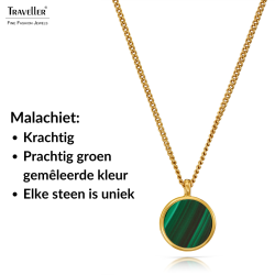 Traveller Dames Ketting met Hanger - 22kt Verguld - Echt Malachiet - Groen - Ø 11mm - 40 + 4 + 4 cm
