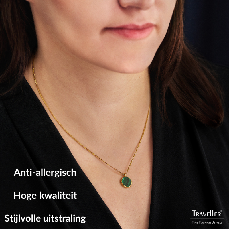 Traveller Dames Ketting met Hanger - 22kt Verguld - Echt Malachiet - Groen - Ø 11mm - 40 + 4 + 4 cm