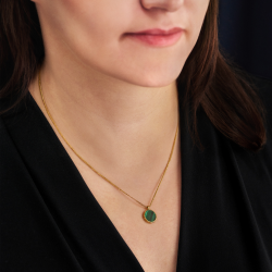 Traveller Necklace with Pendant - 22ct Gold Plated - Real Malachite - Green - Ø 11mm - 40 + 4 + 4 cm