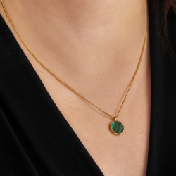 Traveller Necklace with Pendant - 22ct Gold Plated - Real Malachite - Green - Ø 11mm - 40 + 4 + 4 cm