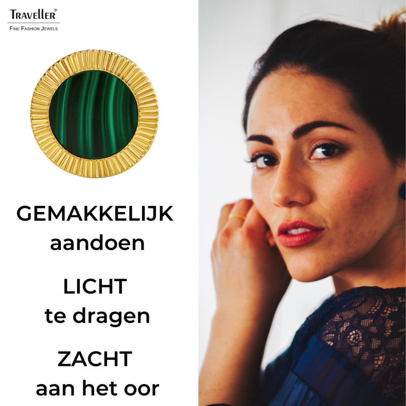 Traveller Clip Oorbellen - 22ct Verguld - Echt Malachiet - Groen - Ø 15 mm - Uniek