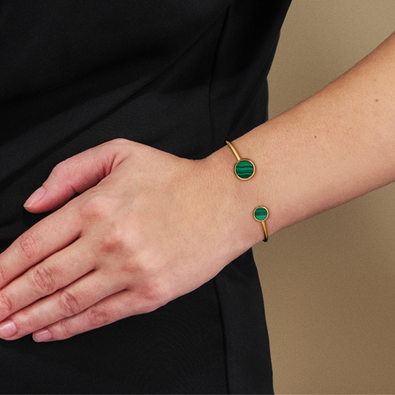 Traveller Armreif - Bangle Armband - 22kt Vergoldet - Echter Malachit - Grün - 7+10 mm - Einzigartig