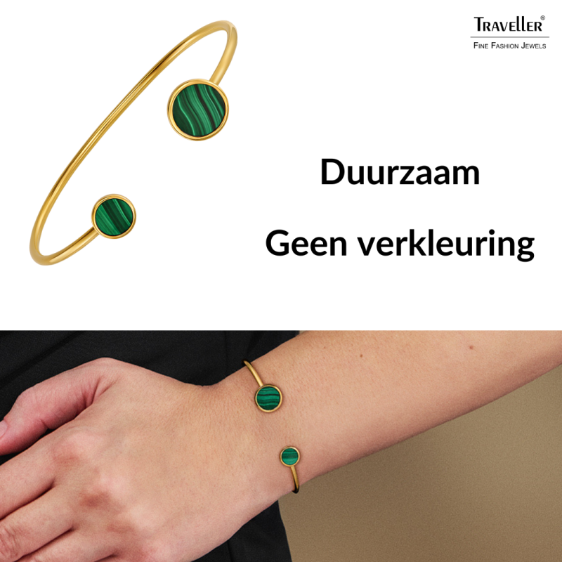 Traveller Armband Dames - Bangle - 22ct Verguld - Echt Malachiet - Groen - 7+10 mm - Uniek