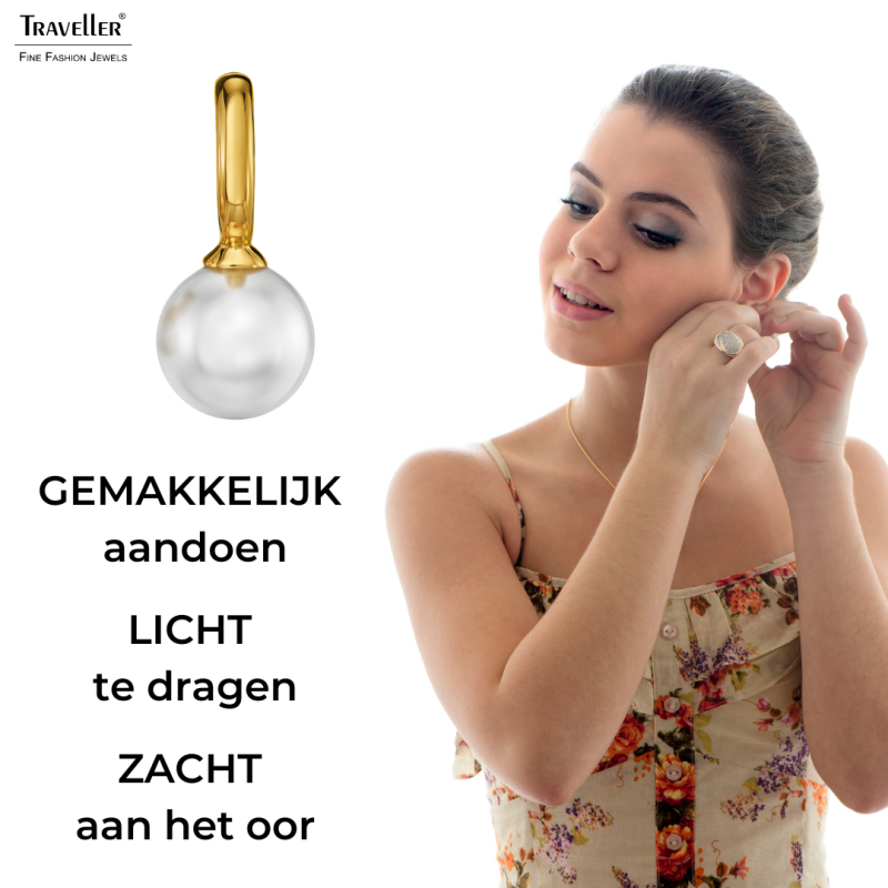 Traveller Clip Oorbellen - Hangers - Verguld - Parel - 10 mm - Wit - 20x10 mm